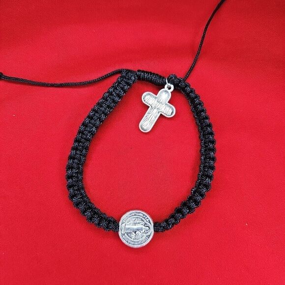 St. Benedict Blessed Cross Black Bracelet Adjustable String Silver Tone Metal - Picture 2 of 6